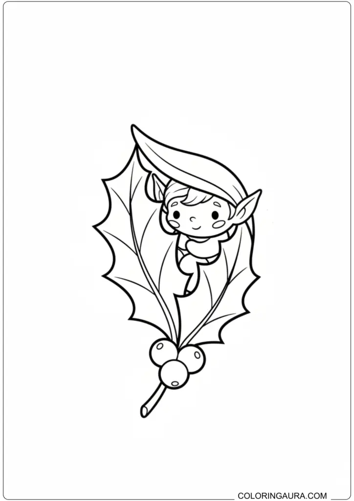 Cute Christmas elf peeking from behind a holly leaf with berries, perfect for a whimsical holiday coloring page.