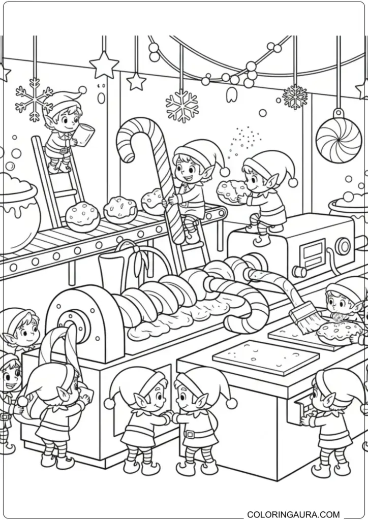 Detailed illustration of Christmas elves making candy canes and treats in a festive workshop coloring page.
