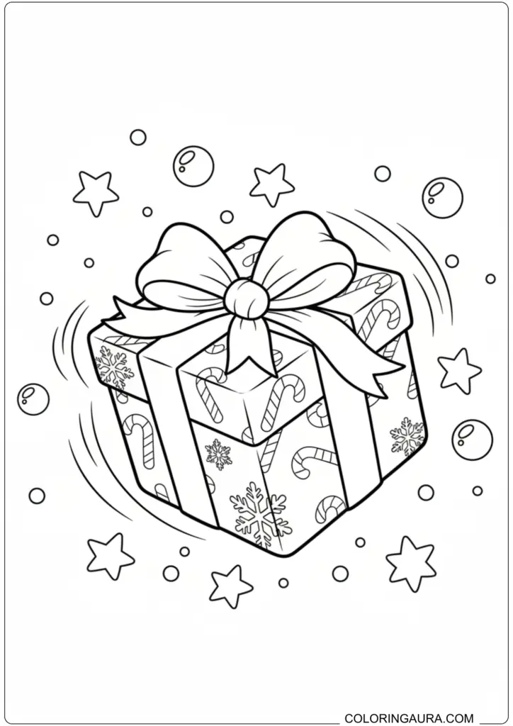 Printable Christmas gift box coloring page featuring candy cane patterns, snowflakes, and floating stars.