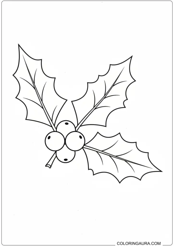Simple black and white holly leaves with berries, ideal for Christmas coloring activities.