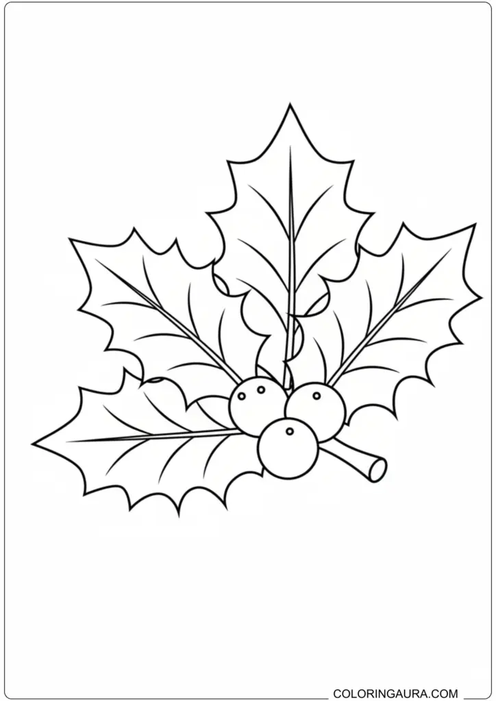 Detailed black and white illustration of a cluster of holly leaves and three berries, perfect for Christmas coloring.