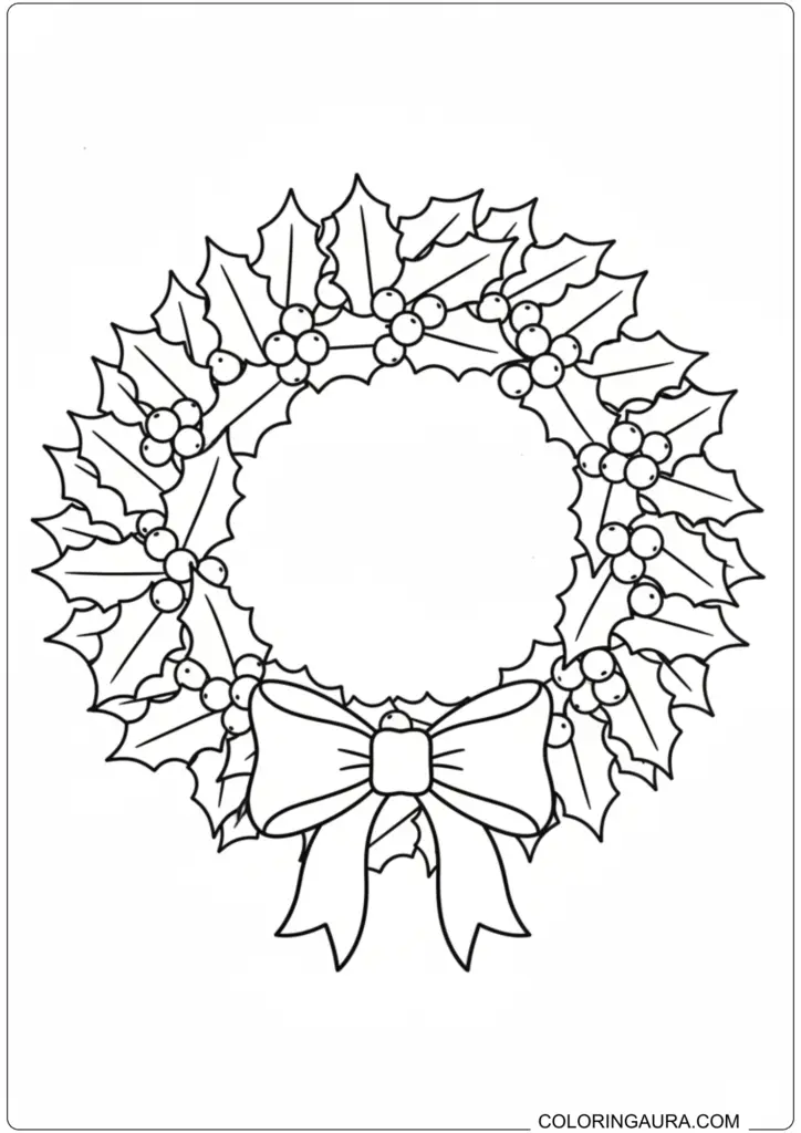 Classic Christmas holly wreath with berries and a large festive bow at the bottom, ideal for holiday coloring.