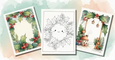 A collection of three Christmas holly-themed images, two colored illustrations and one black and white coloring page.