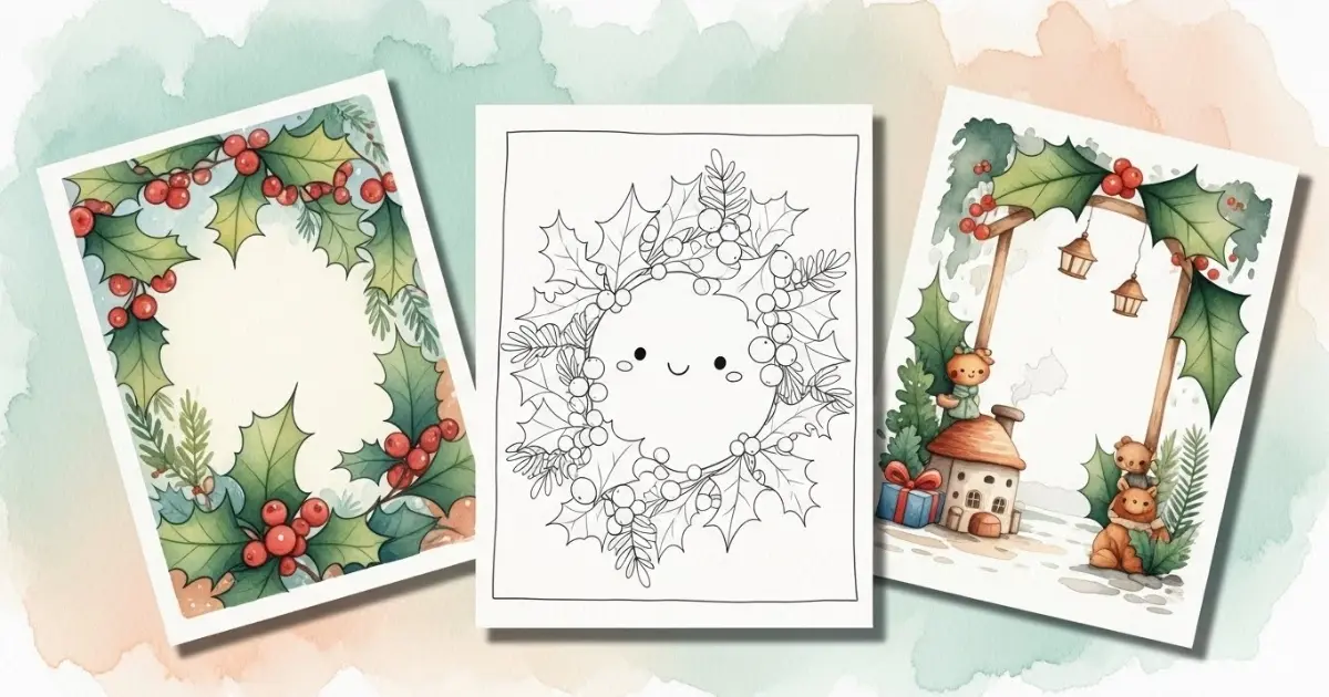 A collection of three Christmas holly-themed images, two colored illustrations and one black and white coloring page.