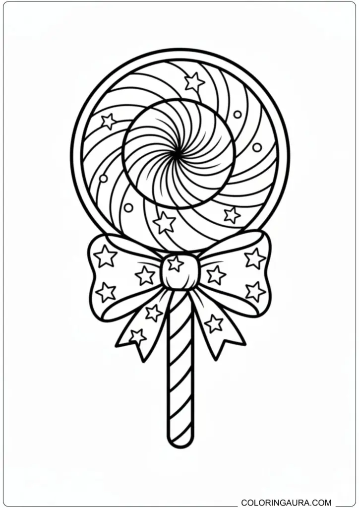 Printable Christmas coloring page of a large swirl lollipop with a star-patterned bow.