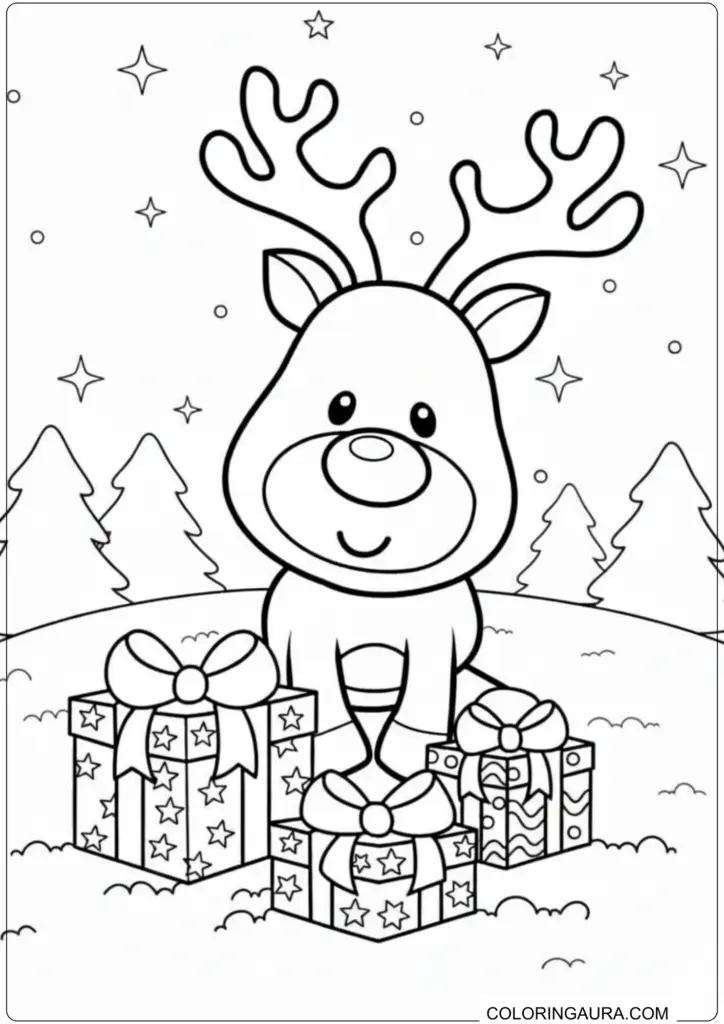 Adorable reindeer standing with Christmas gifts in a snowy forest printable coloring page