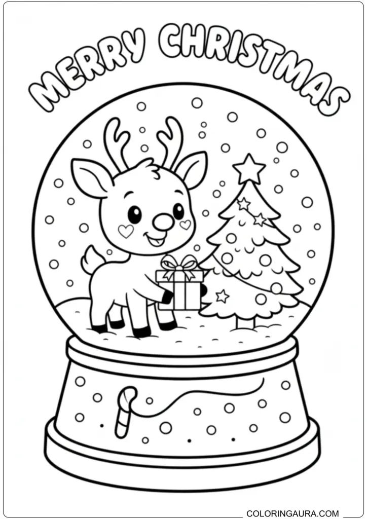 Cute reindeer and Christmas tree inside a snow globe printable coloring page for kids