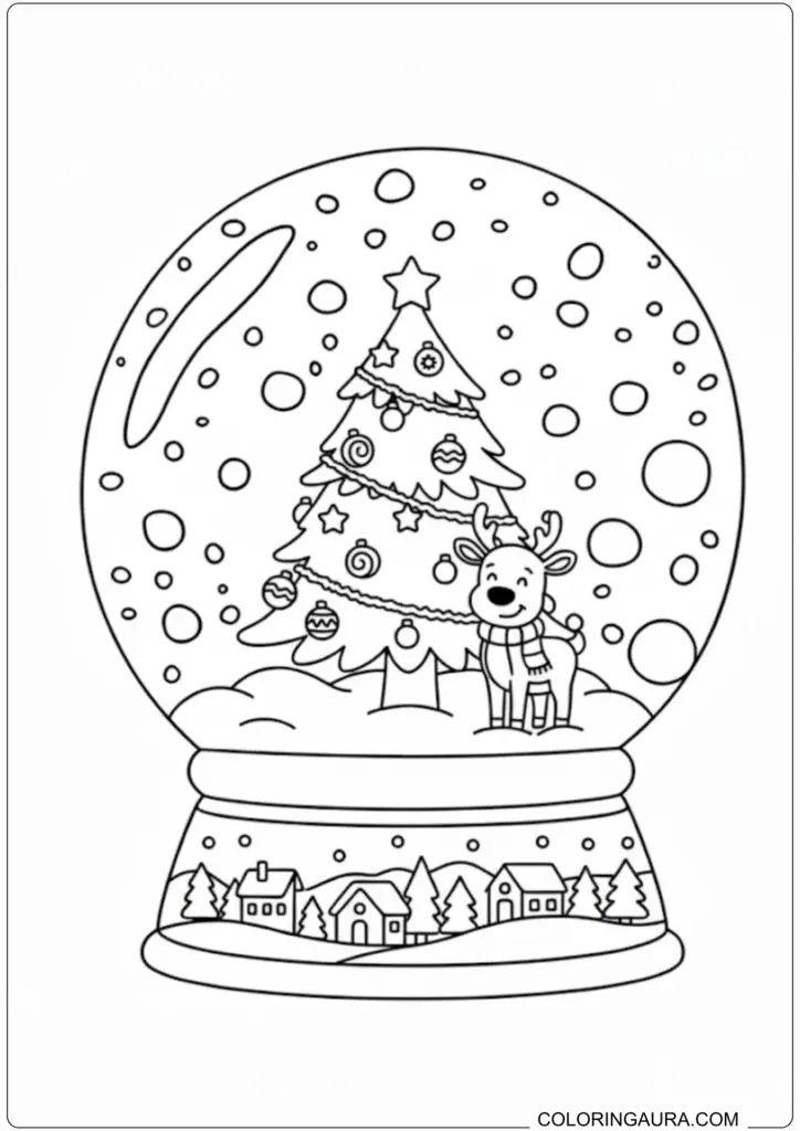 A black and white coloring page depicting a Christmas snow globe. Inside, there's a decorated Christmas tree, a smiling reindeer wearing a scarf, and a festive village scene at the base with houses and evergreen trees.