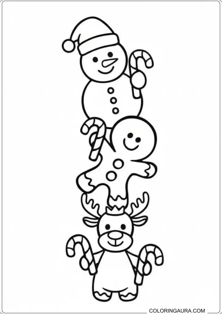 Cute Christmas coloring page stack of a snowman, gingerbread man, and reindeer holding candy canes.