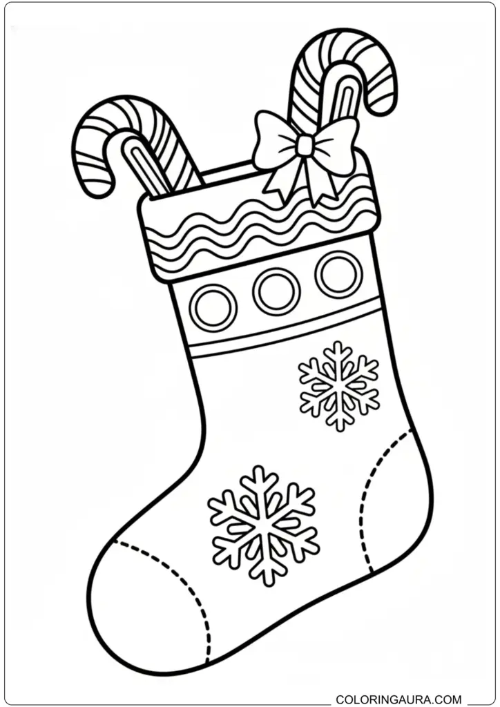 Christmas stocking coloring page with two candy canes, a bow, and snowflake patterns.
