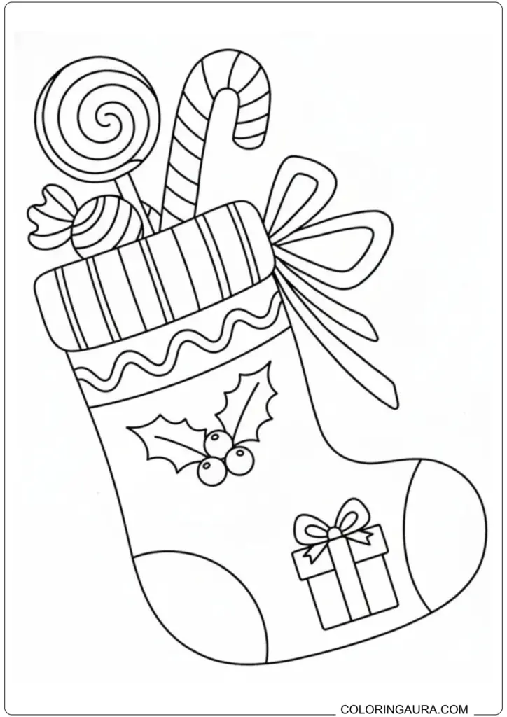 Christmas stocking coloring page featuring a lollipop, candy cane, bow, and holly details.