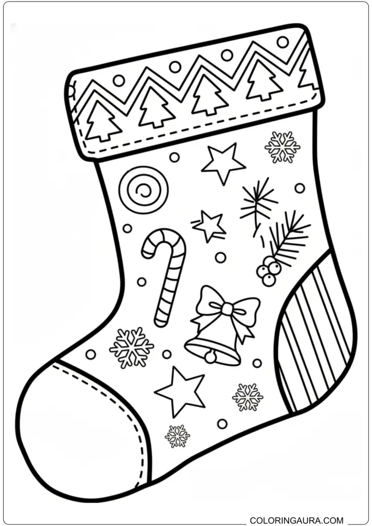 Christmas stocking coloring page featuring stars, candy canes, bells, and snowflakes for kids.