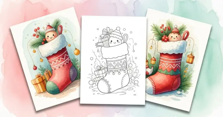 Christmas stocking coloring page center with two colored watercolor examples featuring gifts and holly.