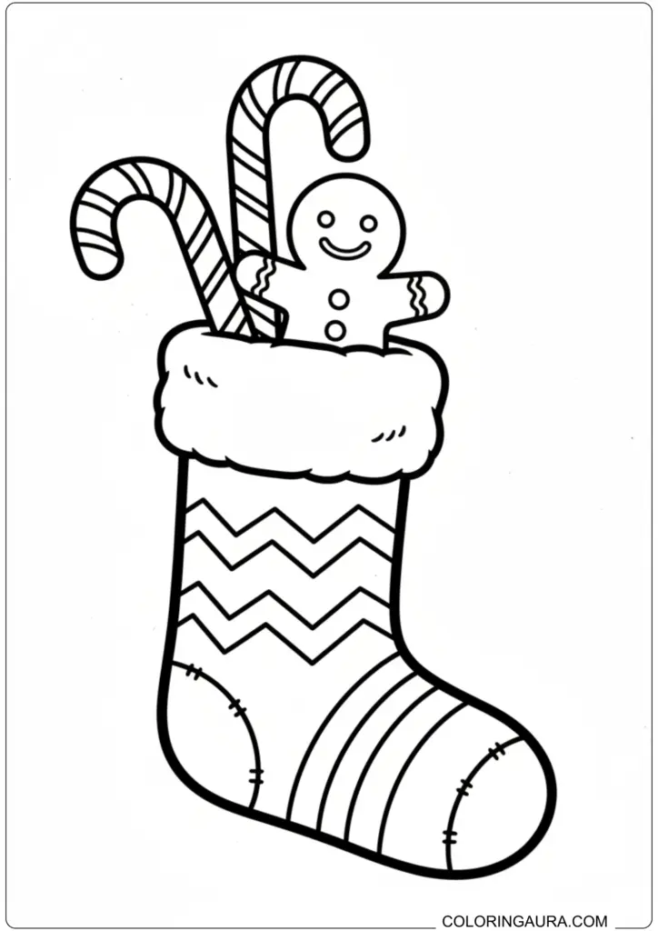 Christmas stocking coloring page filled with candy canes and a smiling gingerbread man cookie.