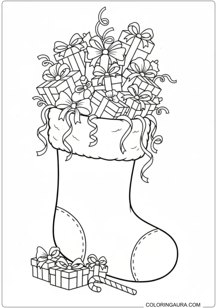 Christmas stocking coloring page overflowing with wrapped gifts, ribbons, and bows for holiday fun.