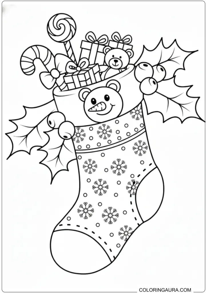 Christmas stocking coloring page filled with toys, gifts, candy cane, and snowman details.