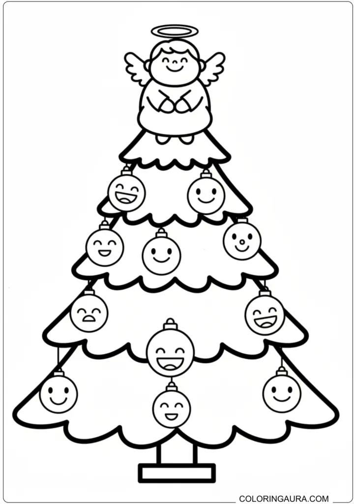 Christmas tree topped with an angel, decorated with happy emoji-faced ornaments, ready for festive coloring fun.