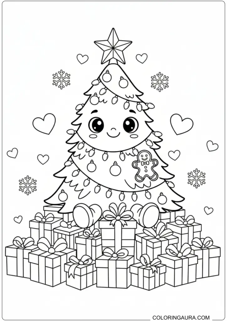 Cute Christmas tree coloring page with friendly face, gingerbread man, presents, snowflakes, and hearts, perfect for kids.
