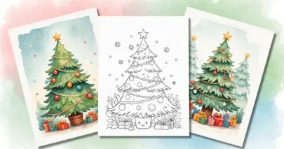 Three Christmas tree illustrations with gifts, one ready for coloring, ideal for holiday activities.