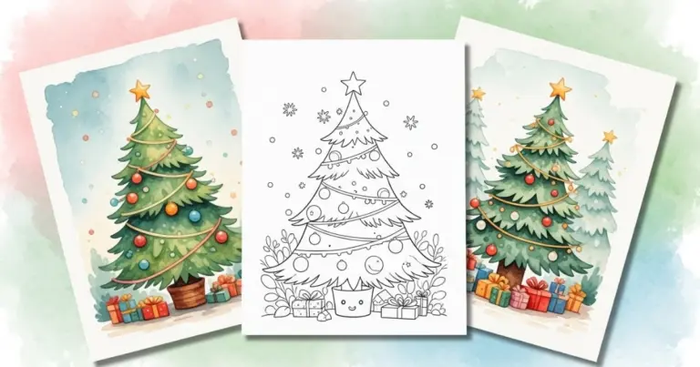Three Christmas tree illustrations with gifts, one ready for coloring, ideal for holiday activities.