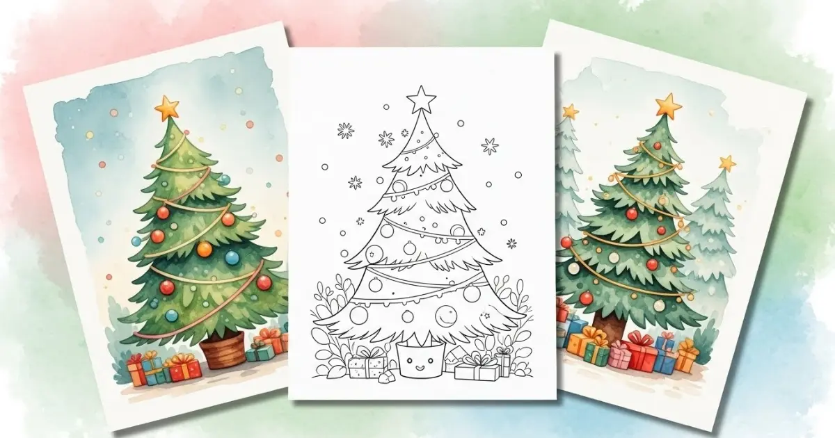 Three Christmas tree illustrations with gifts, one ready for coloring, ideal for holiday activities.