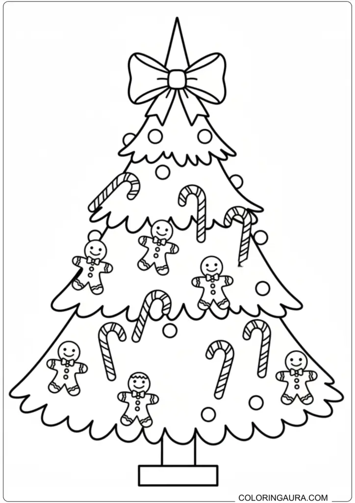 Festive Christmas tree decorated with a bow, gingerbread men, and candy canes, ready for coloring fun.