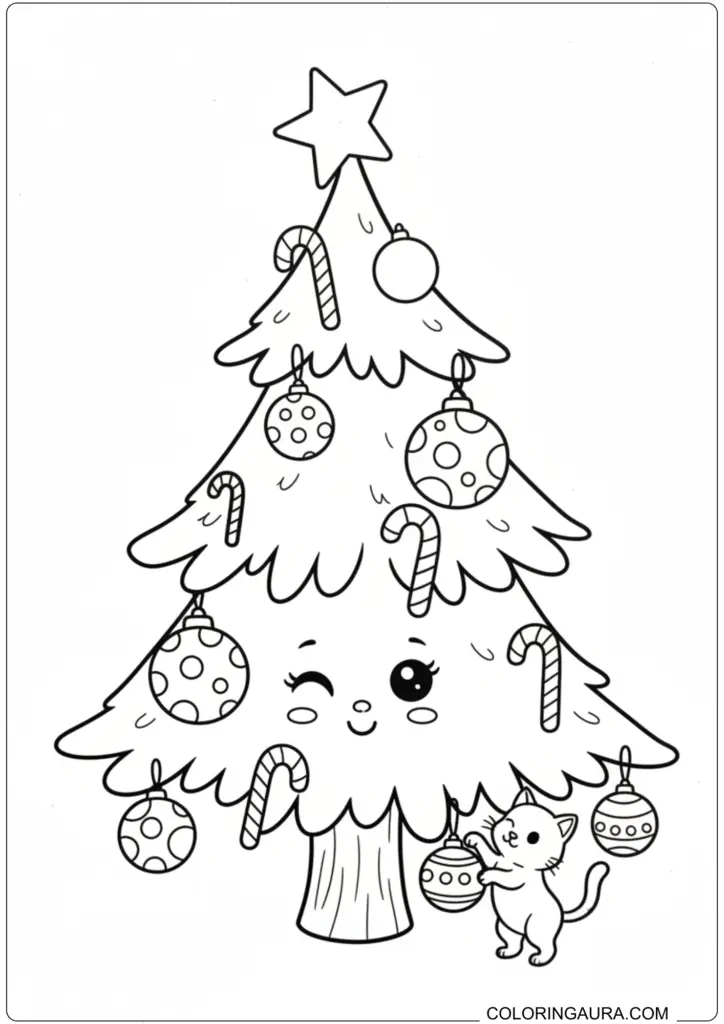 An adorable, winking Christmas tree adorned with candy canes and ornaments, with a playful kitten decorating it.