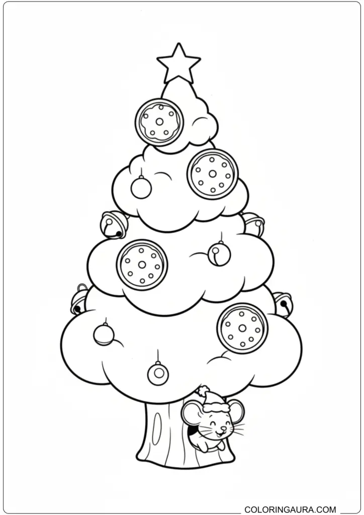 A cute, fluffy Christmas tree decorated with bells and ornaments, with a happy mouse wearing a Santa hat peeking from the base.