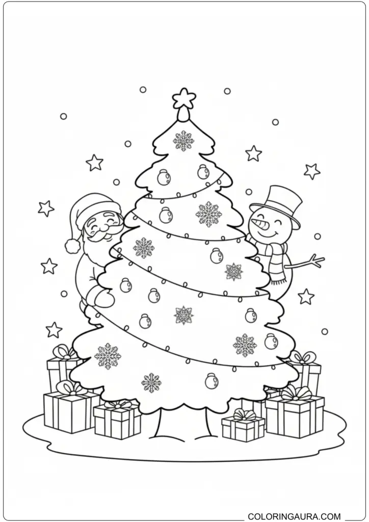 A black and white Christmas coloring page featuring a decorated Christmas tree with Santa Claus and a snowman peeking from behind it, surrounded by wrapped presents and snowflakes.
