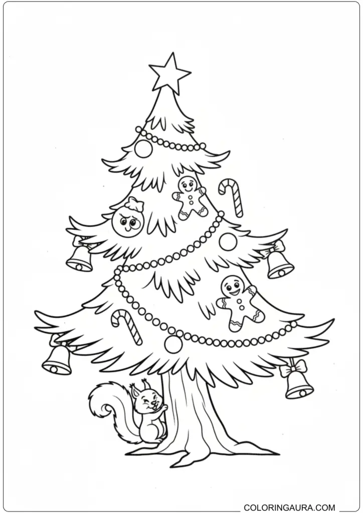 A festive Christmas tree with a squirrel, gingerbread men, candy canes, and bells, topped with a star.
