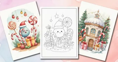Festive watercolor Christmas illustrations and a black-and-white holiday coloring page for kids.