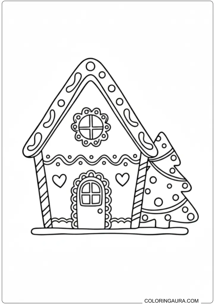 Simple gingerbread house coloring page with hearts, candy cane details, and a Christmas tree.
