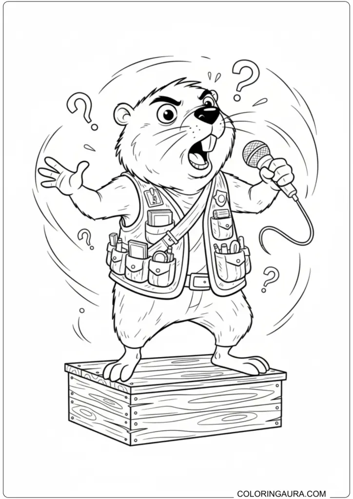 A confused beaver wearing a utility vest holding a microphone on a crate with question marks.