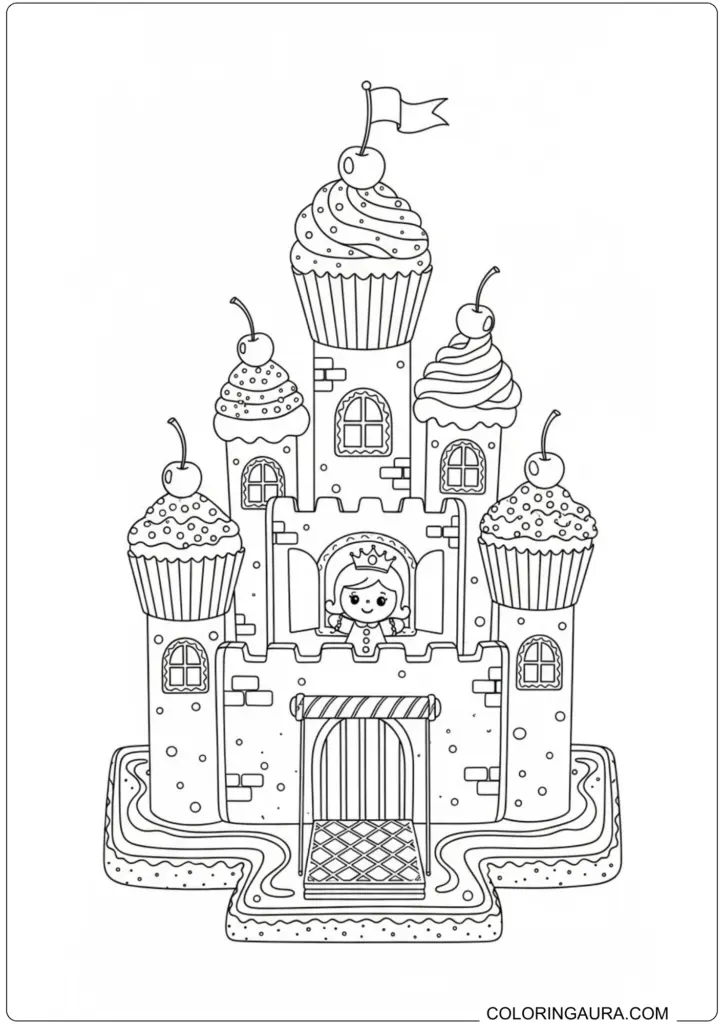 Printable coloring page featuring a princess in a whimsical castle made of cupcakes and candy.