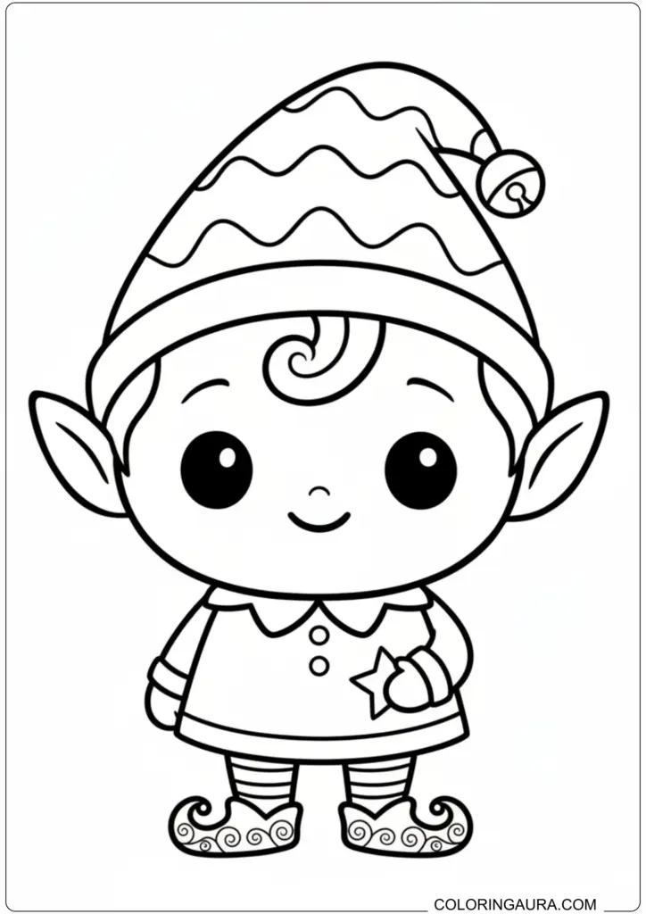 Cute baby elf with striped hat holding a star printable coloring page for kids.