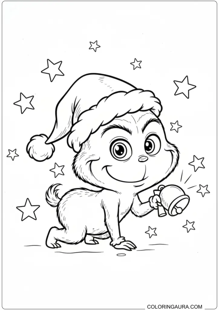 Cute baby Grinch wearing Santa hat holding a ringing bell surrounded by stars for coloring.