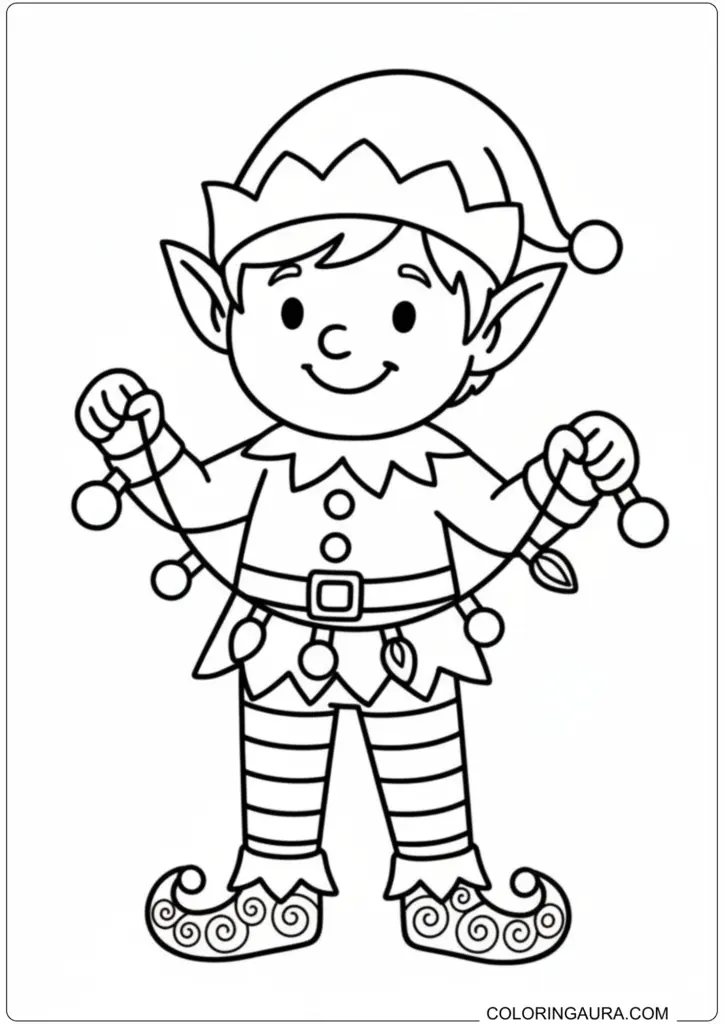 Cute smiling Christmas elf holding string lights, printable coloring page for children.