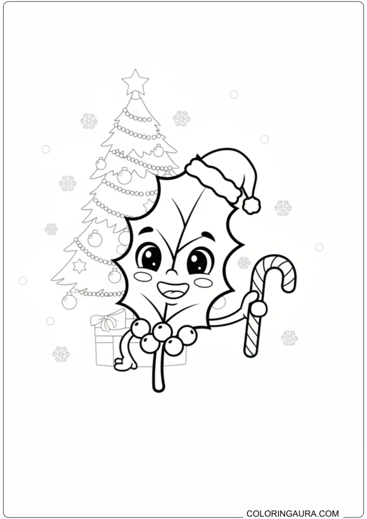 Adorable cartoon holly character wearing a Santa hat, holding a candy cane, with a Christmas tree background, perfect for kids' coloring.