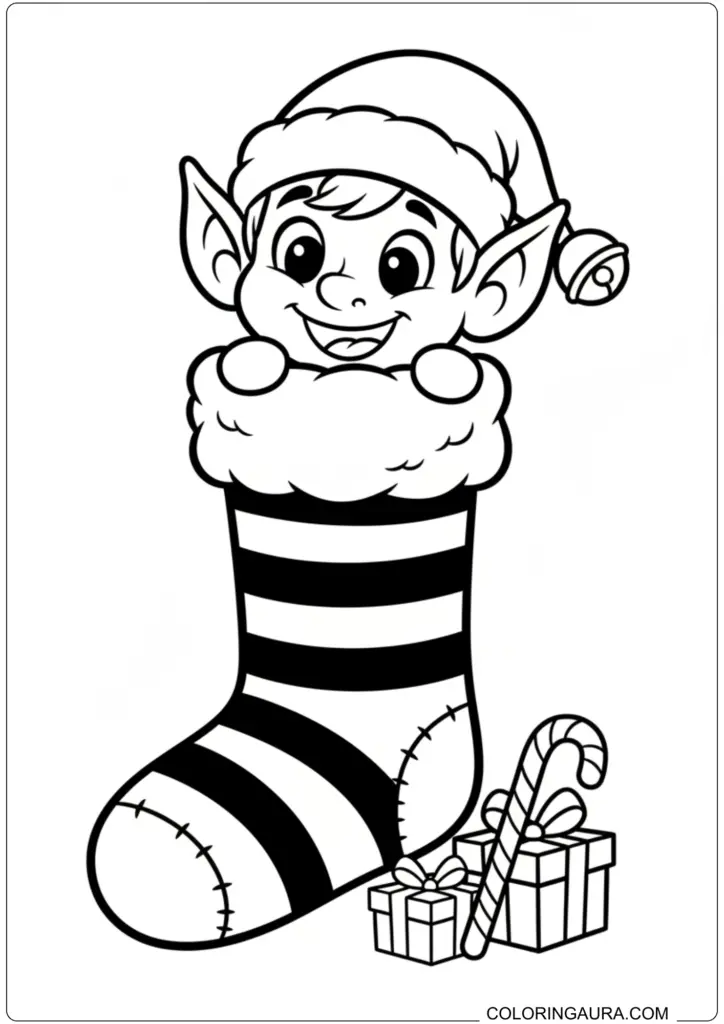 Smiling elf peeking out of a striped Christmas stocking coloring page with gifts.