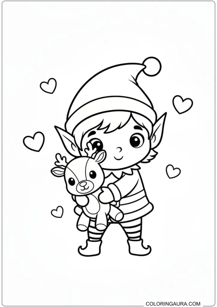Cute smiling elf hugging a small reindeer toy surrounded by hearts, printable coloring page.