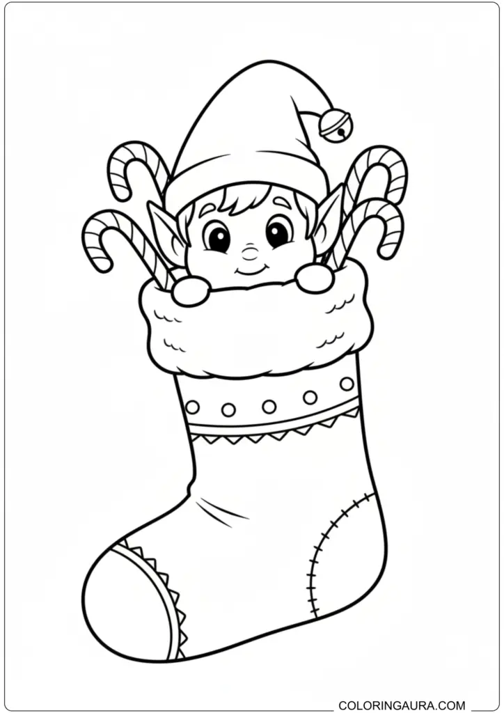 Adorable elf peeking from a Christmas stocking with candy canes printable coloring page for kids.