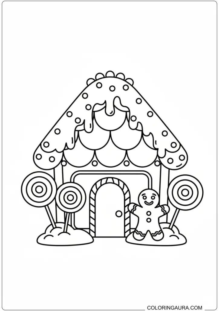 Cute gingerbread house coloring page with dripping icing, large lollipops, and a happy gingerbread man.