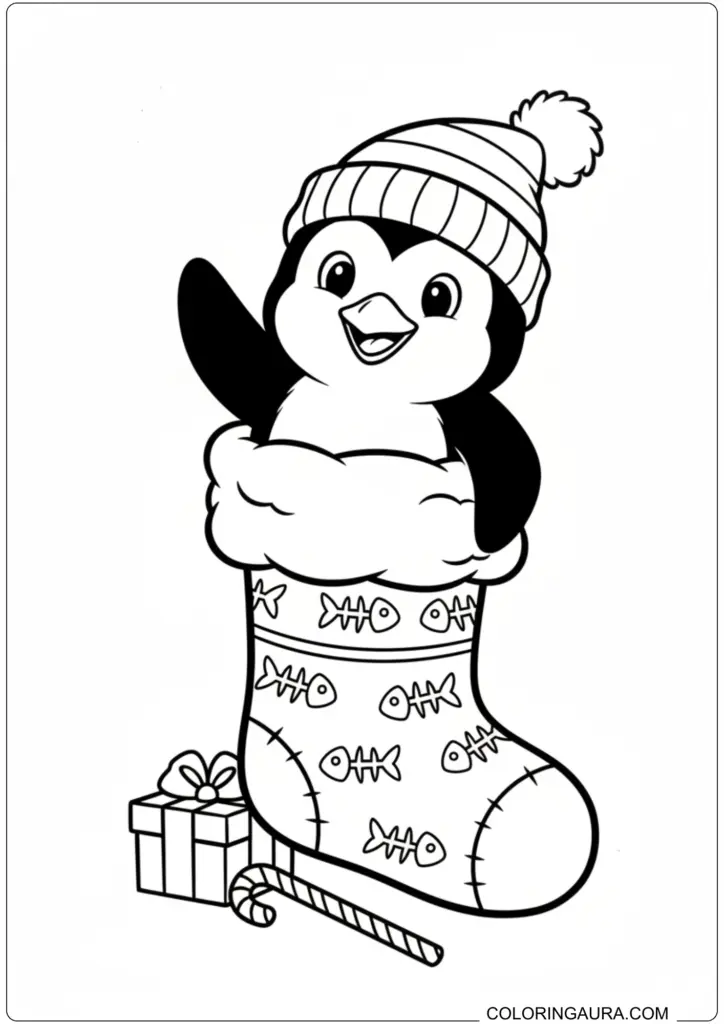 Cute penguin wearing winter hat waving inside Christmas stocking coloring page for kids.