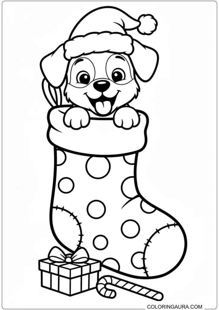 Cute puppy wearing Santa hat inside polka-dot Christmas stocking coloring page for kids.
