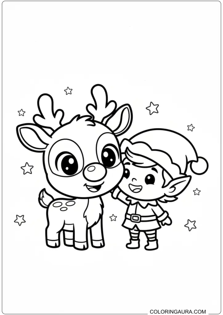 Cute baby reindeer and happy Christmas elf standing together with stars printable coloring page for kids