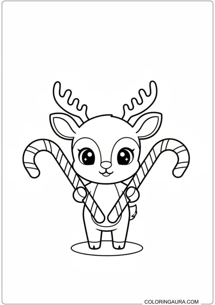 Cute baby reindeer holding two large striped candy canes printable coloring page for kids