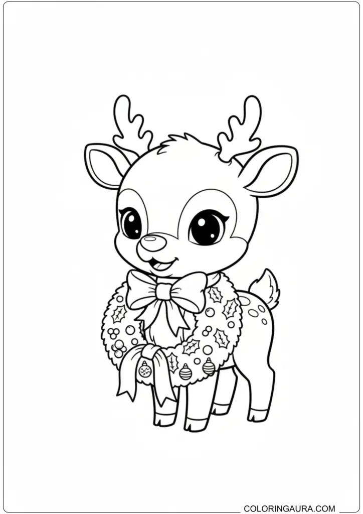 Cute baby reindeer wearing a festive Christmas wreath with ornaments printable coloring page for kids