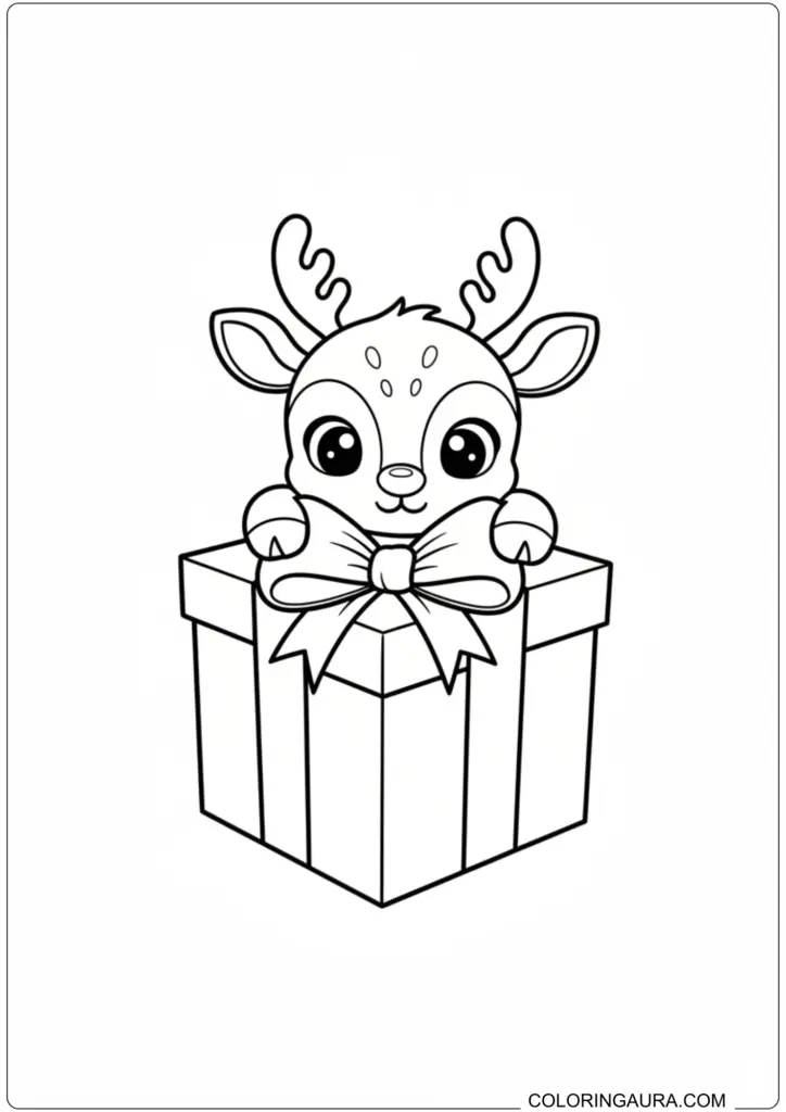 Adorable baby reindeer popping out of a wrapped Christmas gift box printable coloring page