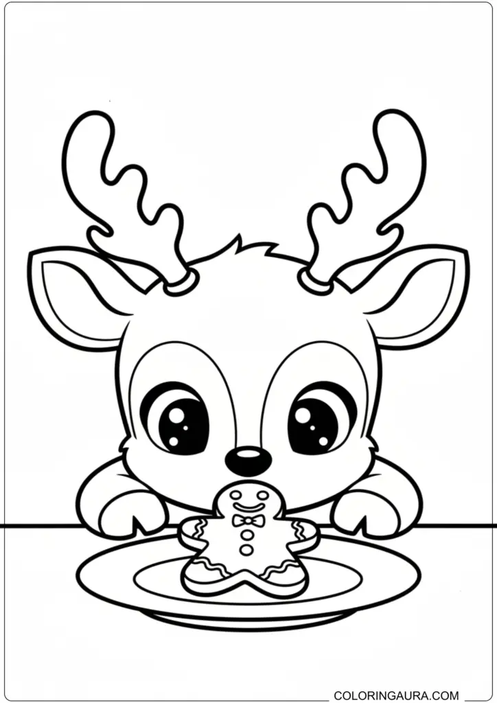 Adorable baby reindeer staring at a gingerbread man cookie on a plate printable coloring page