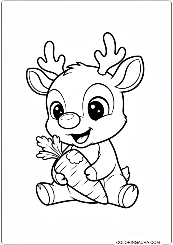 Cute baby reindeer sitting and holding a large carrot printable coloring page for kids